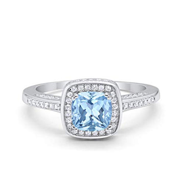 Vintage Style Engagement Ring Cushion Simulated Aquamarine CZ 925 Sterling Silver